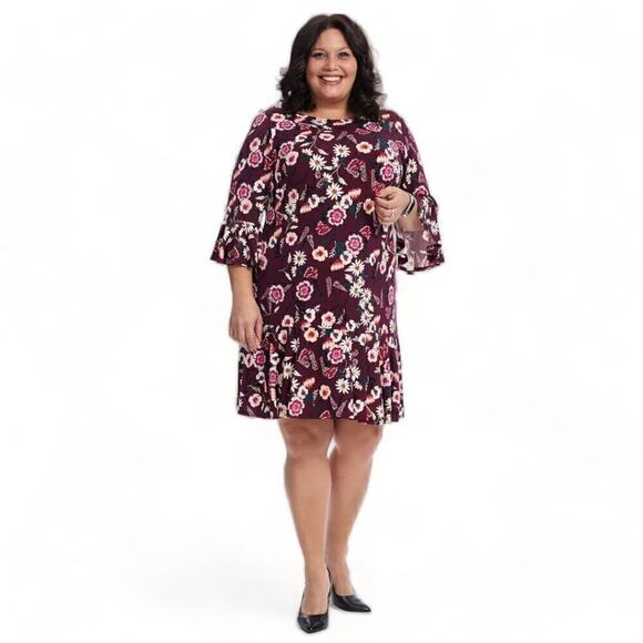Eliza J Purple Pink Floral Print Bell Sleeve Drop Waist Knee Length Dress Sz 10 - Picture 1 of 8